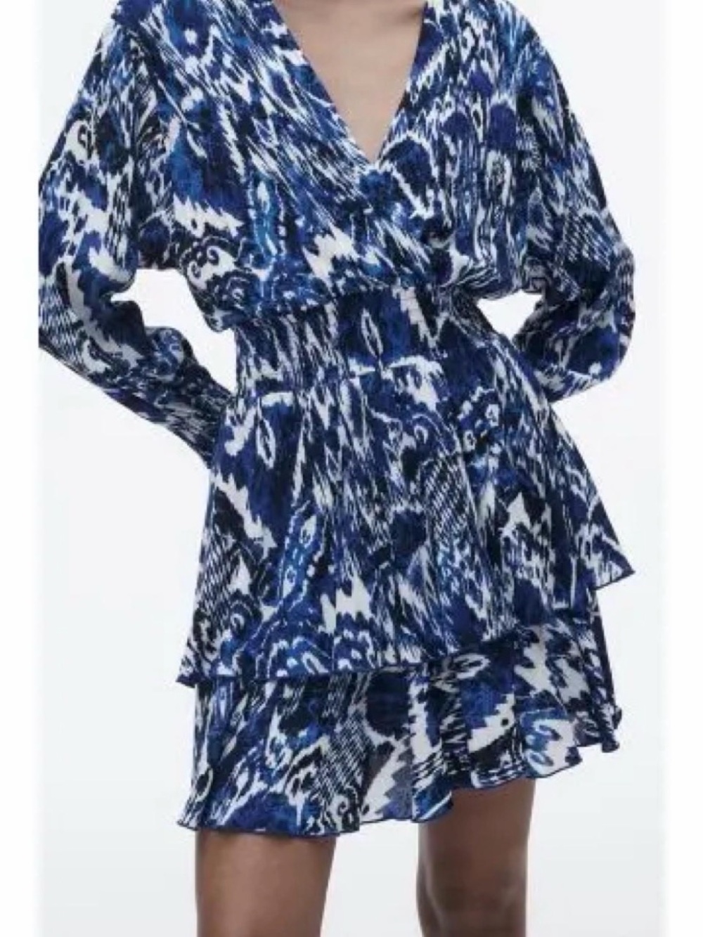 Zara Blue Printed V-Neck Tiered Dress